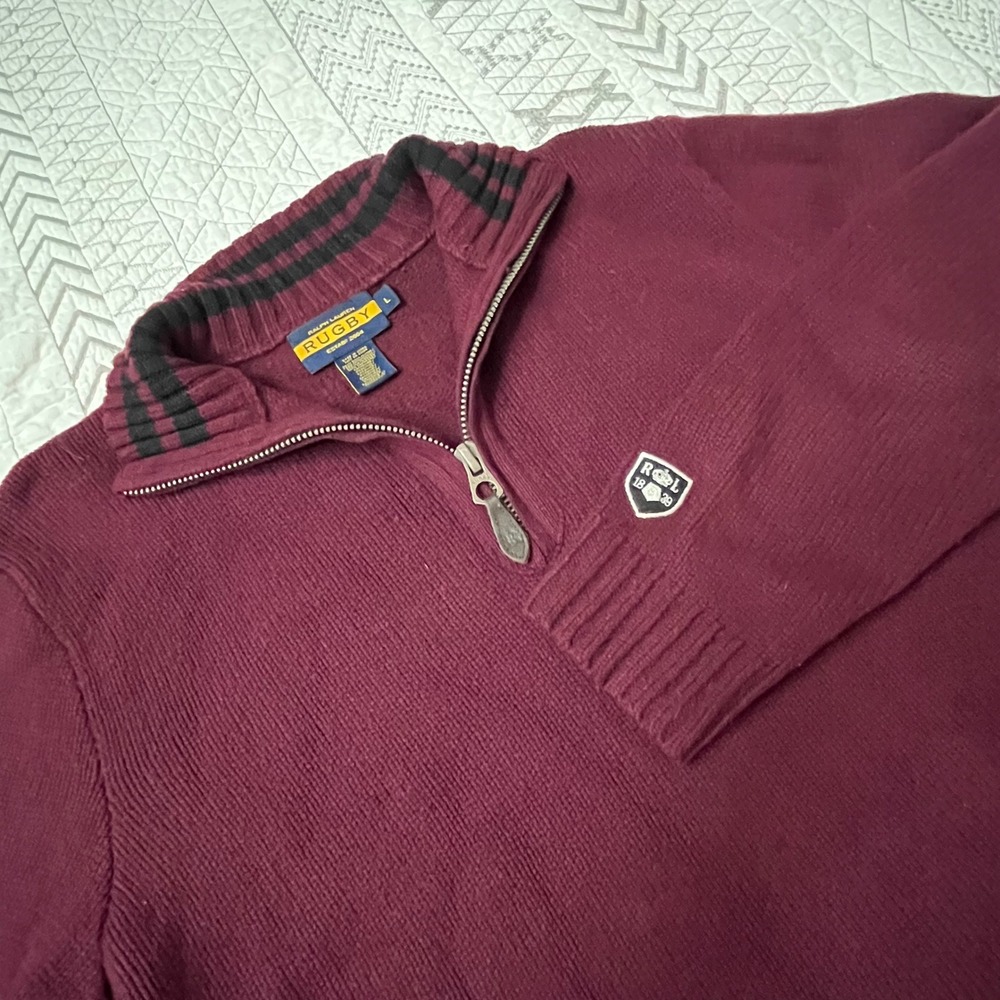 VTG Ralph Lauren Rugby Wool Cashmere Quarter Zip Sweater Burgundy Preppy Large